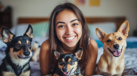 A woman laying on a bed with three dogs in front of her, AIの素材