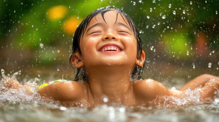 A young girl smiling while playing in the water, AIの素材