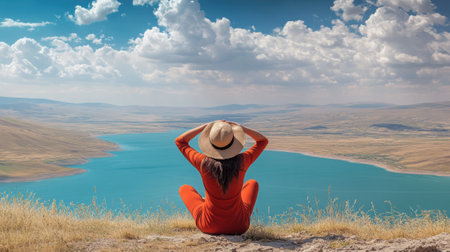 A woman sitting on top of a hill overlooking the water, AIの素材