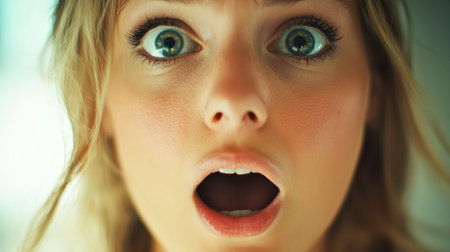A woman with blonde hair and blue eyes making a surprised face, AIの素材