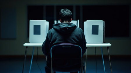 A man sitting at a table with two boxes on it, AIの素材