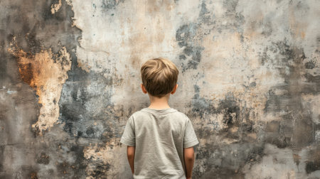 A young boy standing in front of a wall with graffiti on it, AIの素材