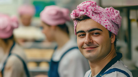 A man wearing a pink headband and aprons in the kitchen, AIの素材