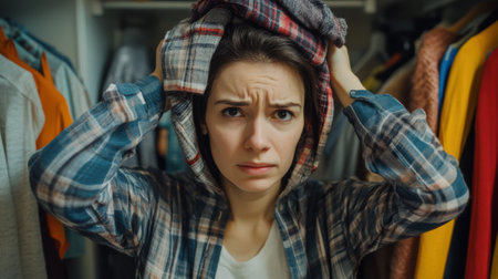 A woman with a hoodie on her head in front of clothes, AIの素材