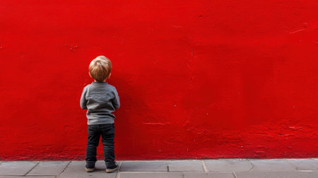 A young boy standing on the sidewalk looking at a red wall, AIの素材