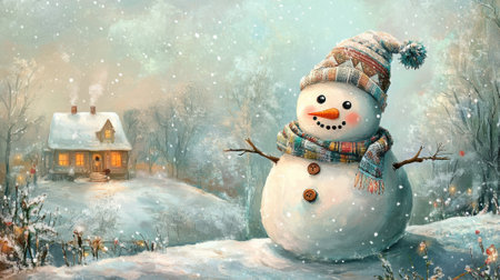 A snowman in a winter scene with a house and trees, AIの素材