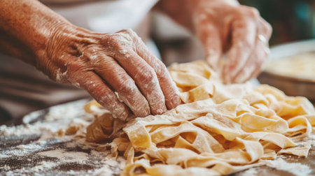 A person is kneading pasta on a table with their hands, AIの素材