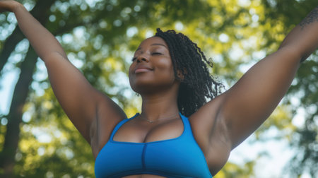 A woman in a blue sports bra with her arms up, AIの素材