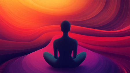 A person sitting in a lotus position with colorful swirls behind them, AIの素材