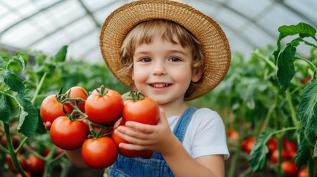 A young boy holding a bunch of tomatoes in his hands, AIの素材