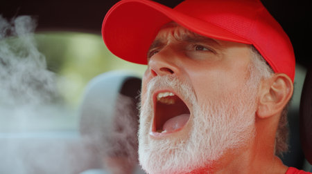 A man in a red hat and white shirt blowing his nose, AIの素材