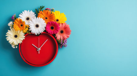 A clock with a heart shaped face and colorful flowers on it, AIの素材