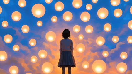 A girl standing in front of a bunch of balloons, AIの素材