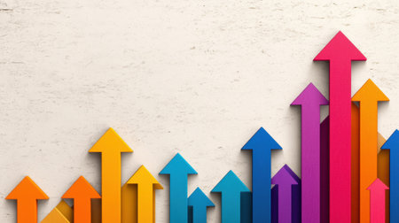 A colorful arrow pointing up from a wall with many arrows, AIの素材