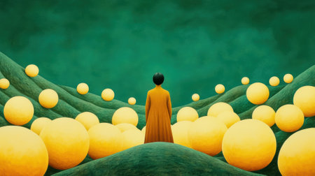 A person standing in a field of yellow balls surrounded by orange ones, AIの素材