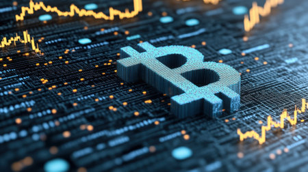 A digital image of a bitcoin symbol on top of an electronic circuit board, AIの素材