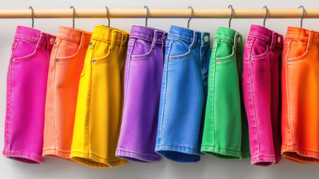 A row of colorful shorts hanging on a clothes rack, AIの素材
