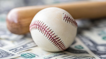 A baseball bat and a ball on top of money, AIの素材