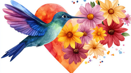 A bird is flying over a heart with colorful flowers, AIの素材