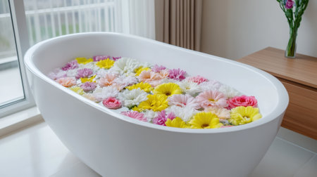 A bathtub filled with flowers in a room next to the window, AIの素材