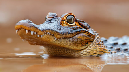 A close up of an alligator in the water with its mouth open, AIの素材