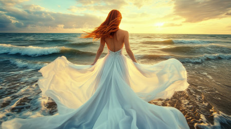 A woman in a white dress standing on the beach at sunset, AIの素材
