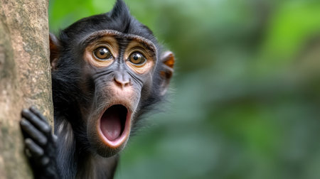 A monkey with its mouth open looking at the camera, AIの素材