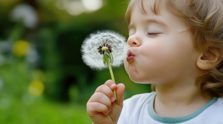 A young child blowing on a dandelion in the field, AIの素材