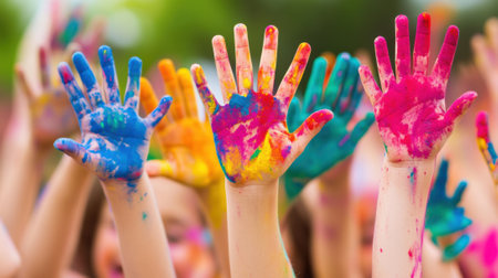 A group of people with their hands painted in bright colors, AIの素材