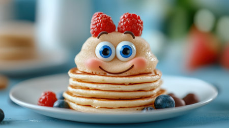 A stack of pancakes with berries and eyes on top, AIの素材