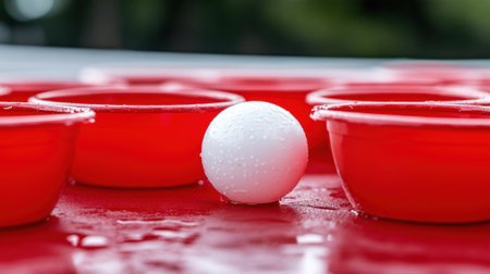 A white egg in a red cup surrounded by other cups, AIの素材