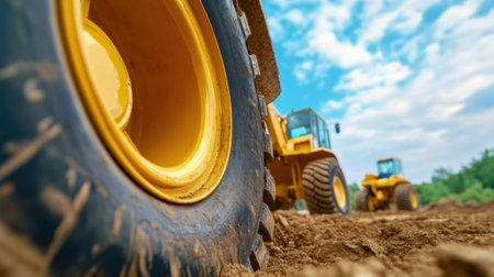 A close up of a large tractor tire on dirt ground, AIの素材