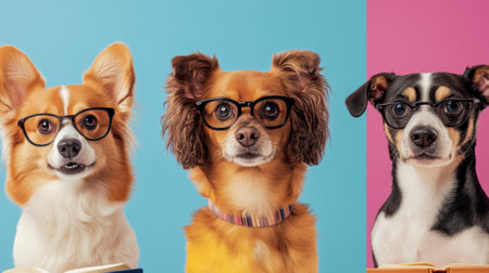 Three dogs wearing glasses and sitting on a colorful background, AIの素材