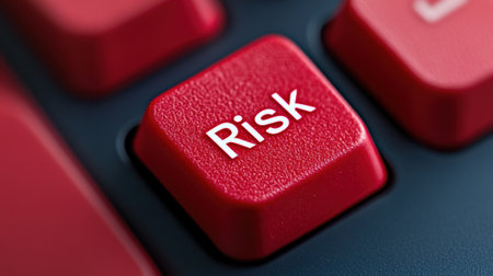 A close up of a red button that says risk on it, AIの素材
