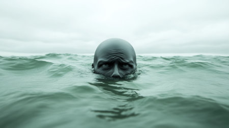 A mans head in the water with a cloudy sky, AIの素材