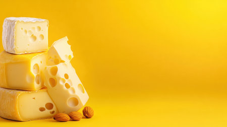 A pile of cheese and nuts on a yellow background, AIの素材