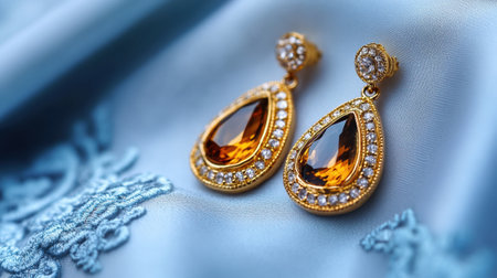 A close up of a pair of gold earrings on top of fabric, AIの素材