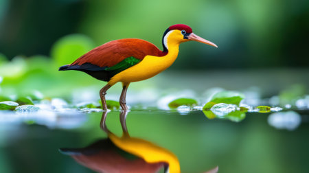 A colorful bird standing in shallow water with leaves and grasses, AIの素材