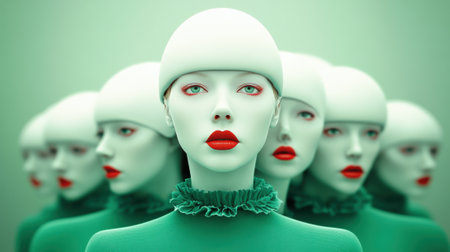 A group of dolls with red lips and green hats, AIの素材