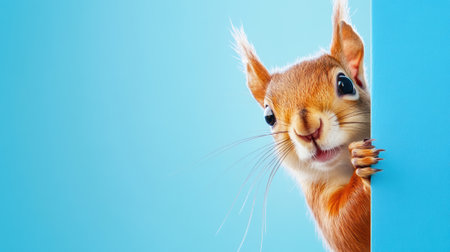 A squirrel peeking out from behind a blue wall with its eyes closed, AIの素材