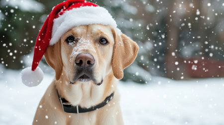 A dog wearing a santa hat in the snow, AIの素材