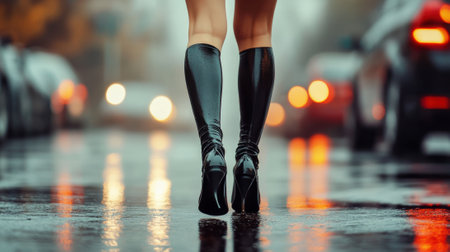 A woman in thigh high boots walking on a wet street, AIの素材