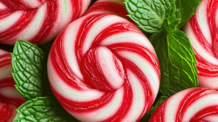 A close up of a bunch of candy with mint leaves, AIの素材