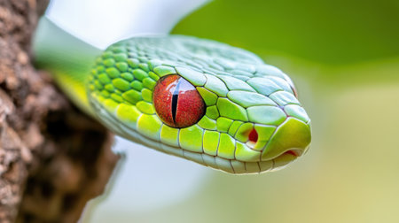A close up of a green snake with red eyes on the tree, AIの素材