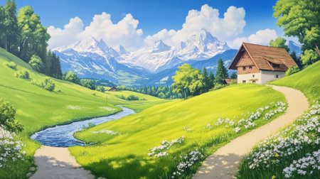 A painting of a mountain house with flowers and grass, AIの素材