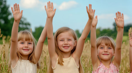 Three little girls with their hands up in a field, AIの素材