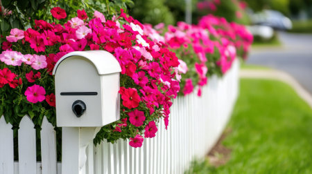 A mailbox is on a white picket fence with pink flowers, AIの素材