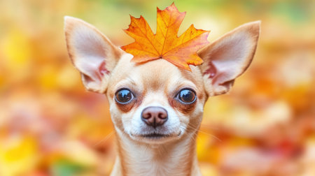 A small dog with a leaf on its head in the fall, AIの素材