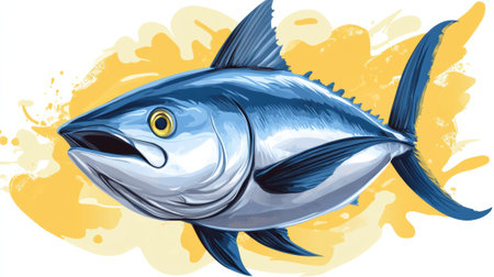 A drawing of a large fish with yellow eyes on an orange background, AIの素材