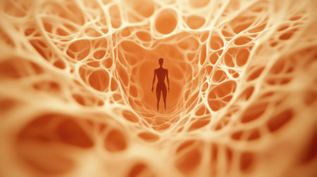 A man is standing in a tunnel of cells, AIの素材